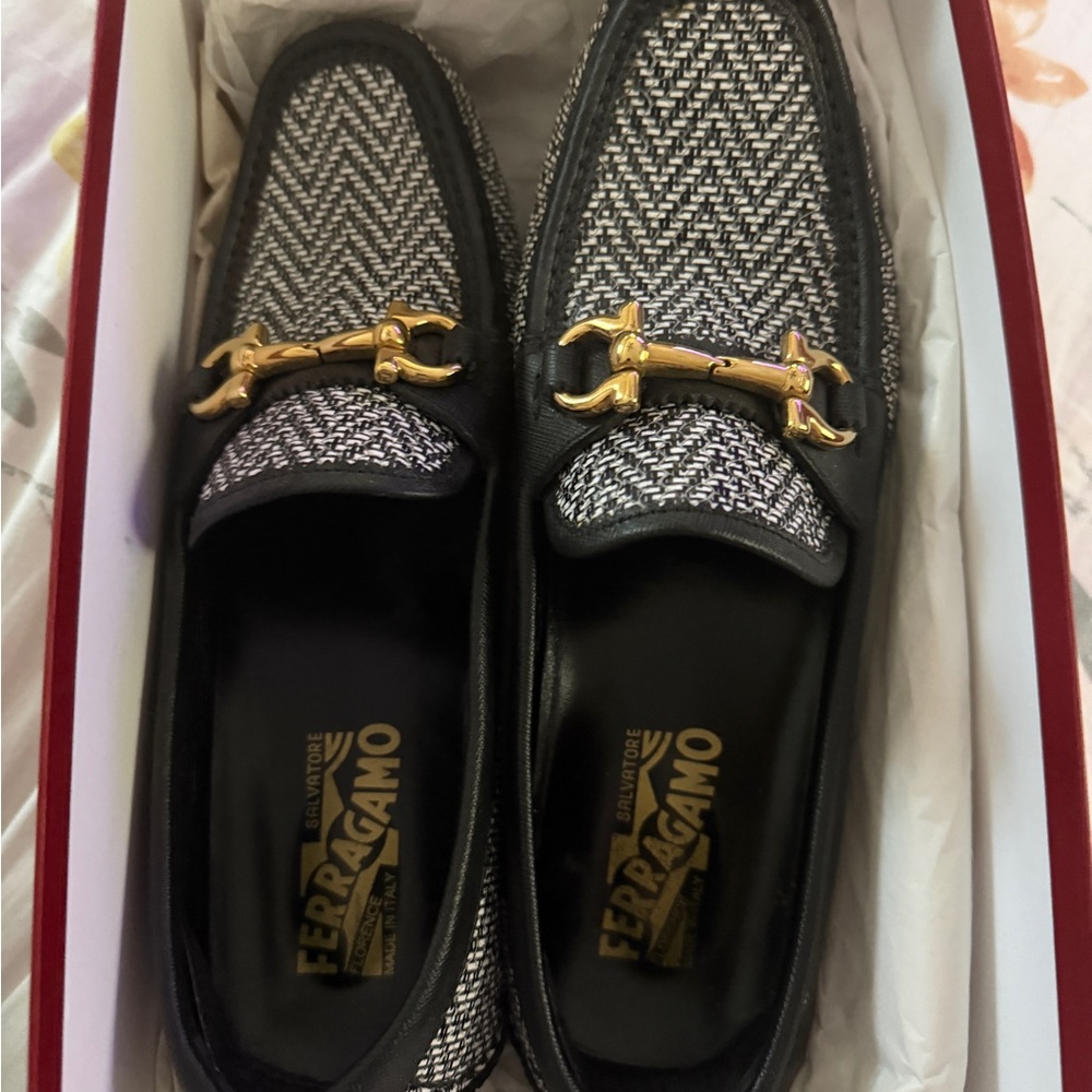 Salvatore Ferragamo Black and Gold Woven Women's Slip-Ons